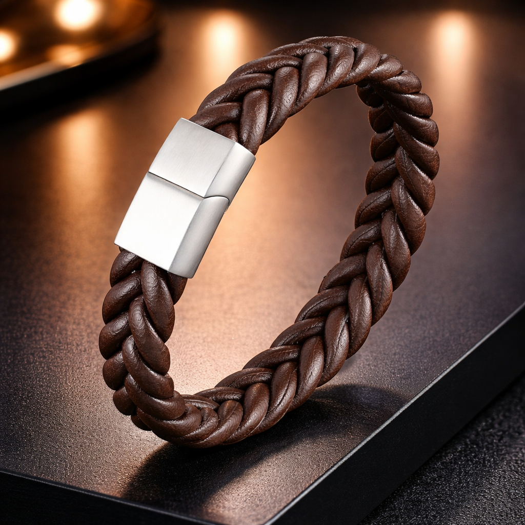 Bracelete Masculino XQNI Signature | Aço Inox & Couro Premium com Fecho Magnético