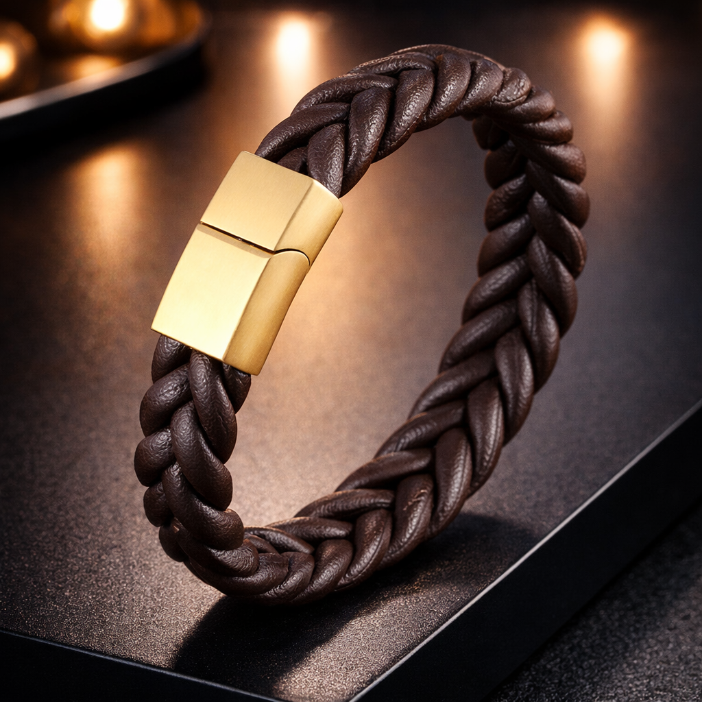 Bracelete Masculino XQNI Signature | Aço Inox & Couro Premium com Fecho Magnético