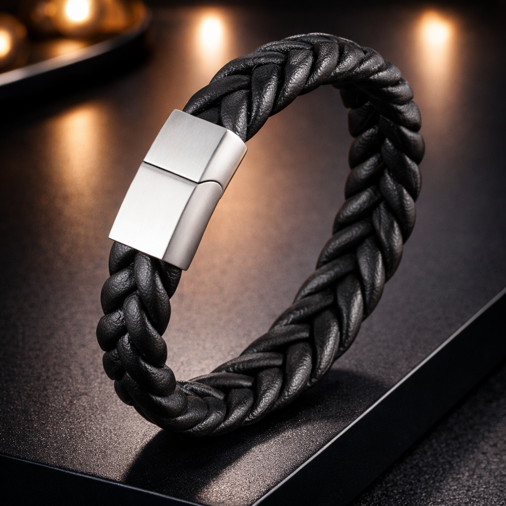 Bracelete Masculino XQNI Signature | Aço Inox & Couro Premium com Fecho Magnético